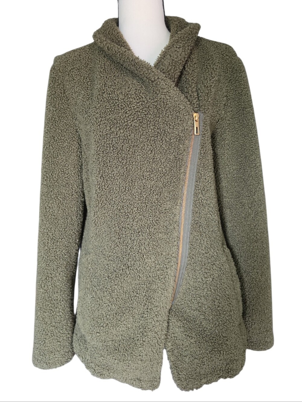Maurice's Olive green Fleece Asymmetrical Sherpa Zip Up-Size Medium